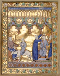 Käsikirjoitus 300, fol. 5v: Salomon kruunaus, Ranskan Isabellan psalttari- ja tuntikirjasta, Pariisi, noin 1260